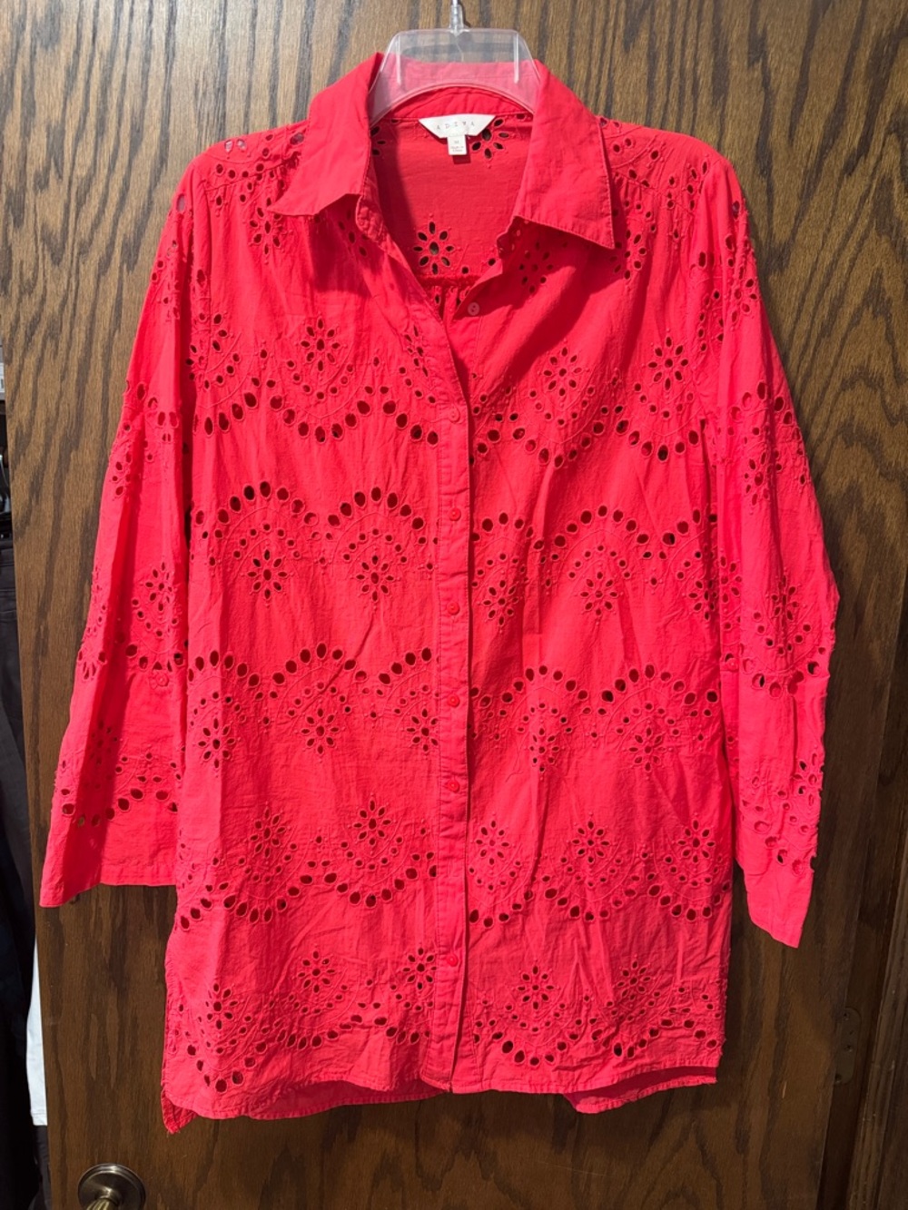 Adiva Red Eyelet Button-Down Shirt